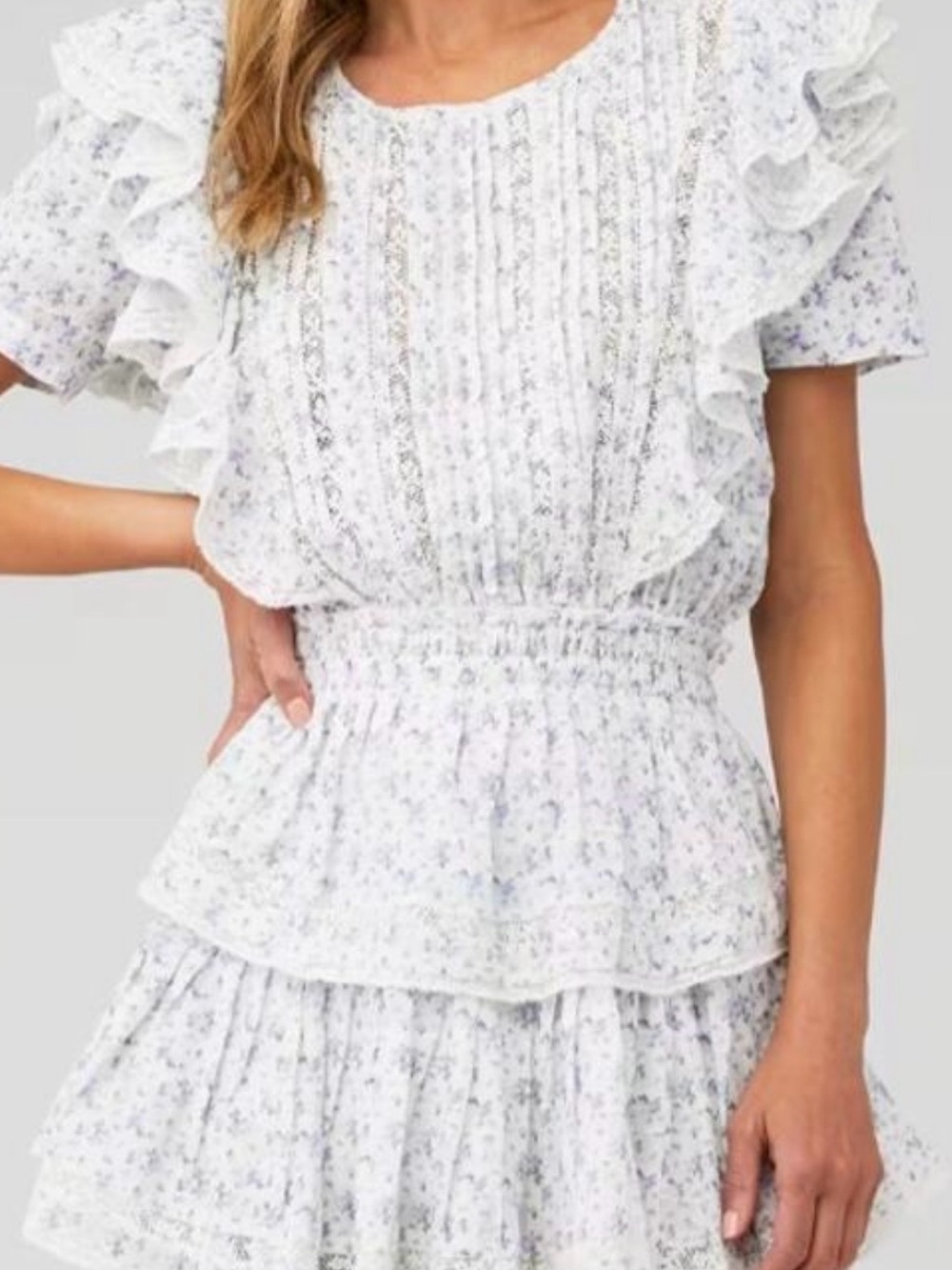 WORN ONCE. LoveShackFancy Blue & White Floral Ruffle Tiered Dress